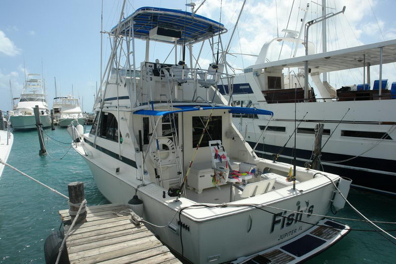 Sportfisher Bertram 34 atracado de popa en la marina de Isla Mujeres con cañas armadas y torre de atún junto a otros yates