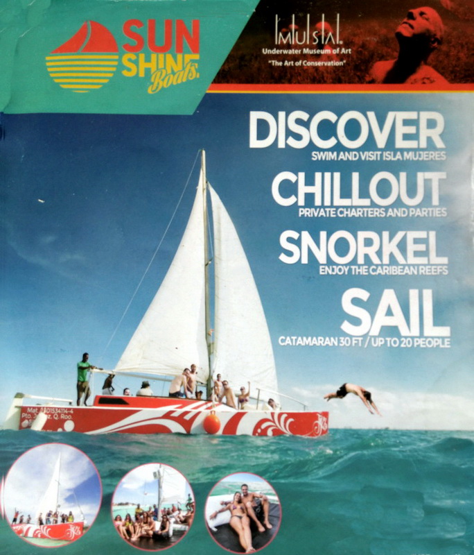Sunshine Boats Jazz catamaran 30ft promotional flyer — discover, snorkel and sail to Isla Mujeres for up to 20 people with open bar and lunch