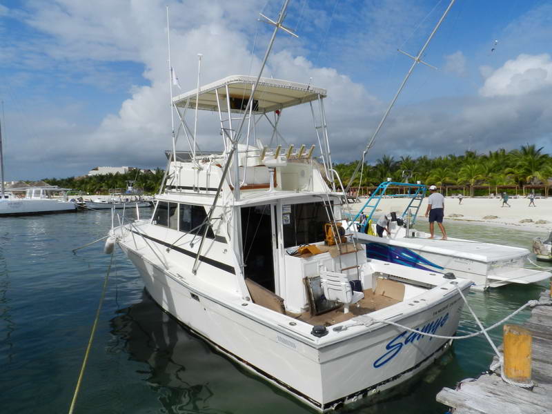 Quarter view of a white sport-fishing boat named 'Samba' with a flybridge and tuna tower moored at a dock, fishing rods and gear visible, a smaller boat and a palm-lined beach behind under a partly cloudy sky.