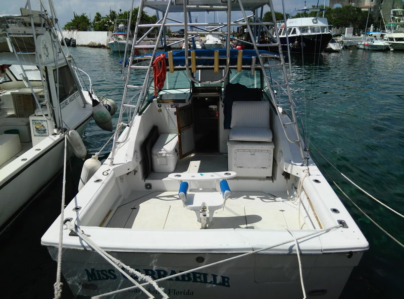 Vista de popa del sport fisher Wellcraft 'Miss Barbabelle' mostrando su cockpit de pesca abierto, silla de combate y hieleras en el muelle de Cozumel
