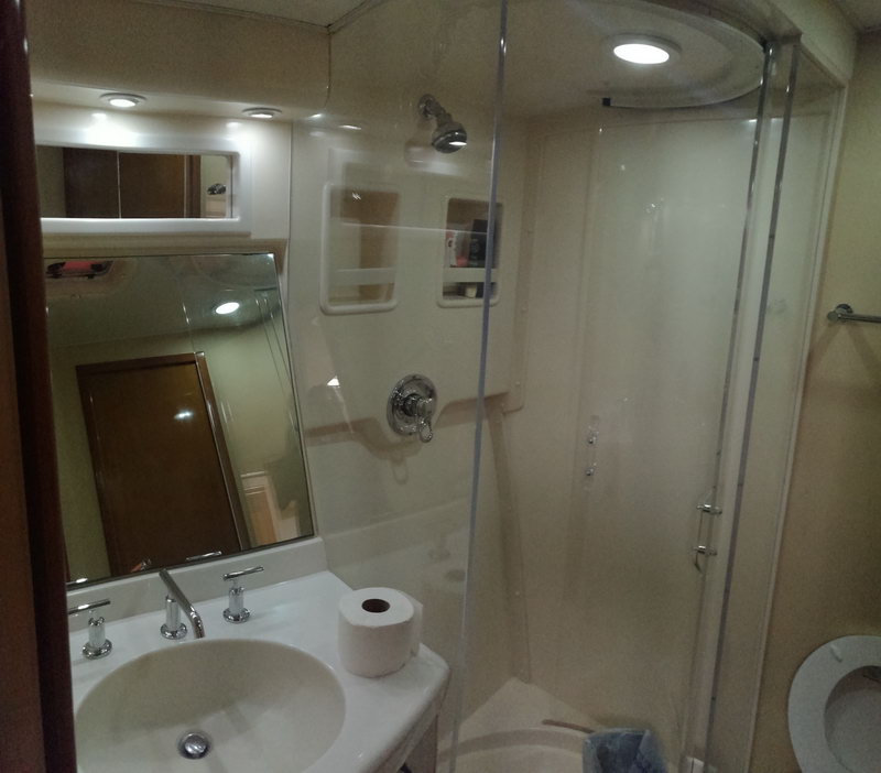 Interior head (bathroom) of a yacht with a white vanity sink, large mirror, a glass-enclosed shower stall and toilet, with a roll of toilet paper on the counter. Recessed ceiling lights.