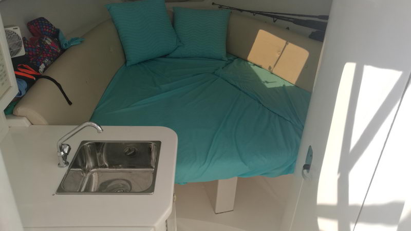 Acogedora cabina de proa del Intrepid 32 con litera en V turquesa, fregadero y cocineta para comodidad en jornadas largas de pesca