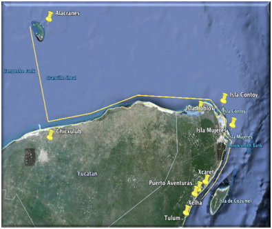 Sailing route map from Cancun and Isla Mujeres along the Yucatan coast to Alacranes reef, Tulum and Puerto Aventuras