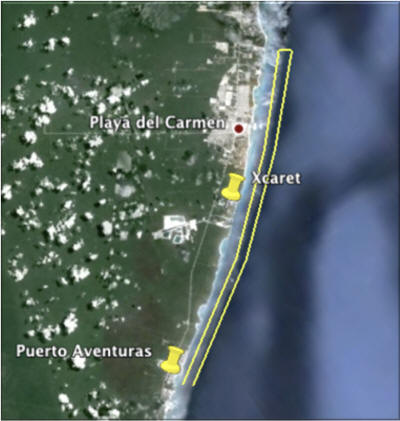 Map of sunset sailing route along the Riviera Maya coast between Playa del Carmen, Xcaret and Puerto Aventuras, Caribbean cruise