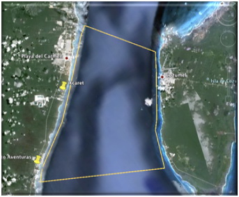 Map of Cozumel reef snorkel sailing tour crossing the channel from Playa del Carmen and Puerto Aventuras to Cozumel island