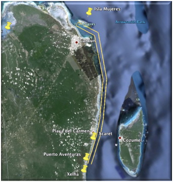 Satellite sailing route map from Puerto Aventuras via Cancun to 