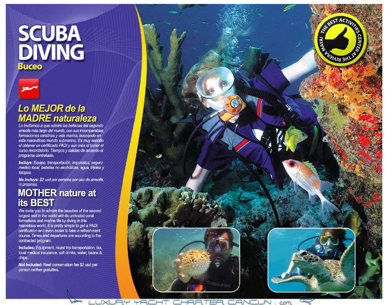 Promotional flyer graphic titled SCUBA DIVING / Buceo showing a female scuba diver underwater beside a coral reef with a fish, plus two smaller inset photos. Purple border, 'Best Activities Center' badge and a Luxury Yacht Charter Cancun watermark.