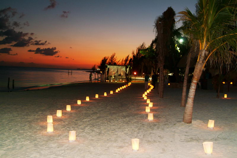 Sunset beach scene with paper candle luminaries lining a curving sandy path toward a distant lit tent, framed by silhouetted palm trees against a glowing orange-and-blue sky.