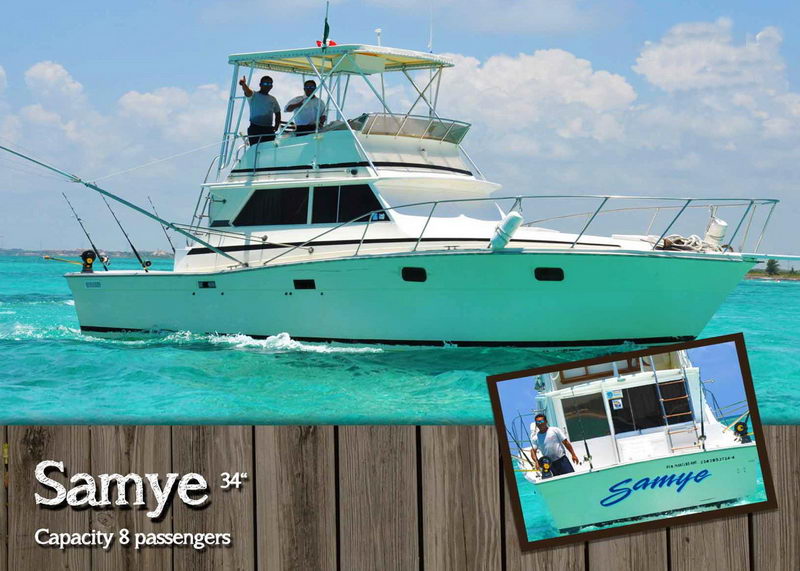 Promotional card for the 'Samye' 34-foot sportfishing boat shown on turquoise water with two men on the flybridge, a smaller inset photo and text reading 'Capacity 8 passengers'.