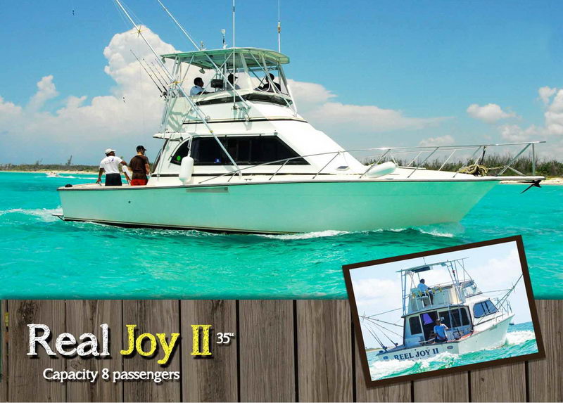Promotional card for the 'Real Joy II' 35-foot sportfishing boat on turquoise water with crew on deck, an inset photo and text reading 'Capacity 8 passengers'.