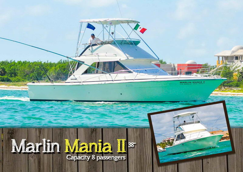 Promotional card for the 'Marlin Mania II' 38-foot sportfishing boat on blue-green water with an angler on the flybridge, an inset photo and text reading 'Capacity 8 passengers'.