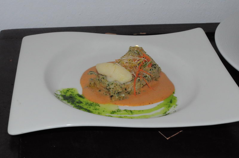 Herb-crusted fish fillet over red pepper coral sauce with a quenelle and microgreens on a white square plate, Maroma gourmet plating