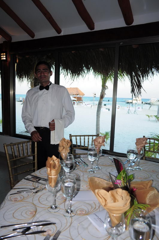 Decorated banquet tables for a private event at the Maroma beach restaurant, Riviera Maya