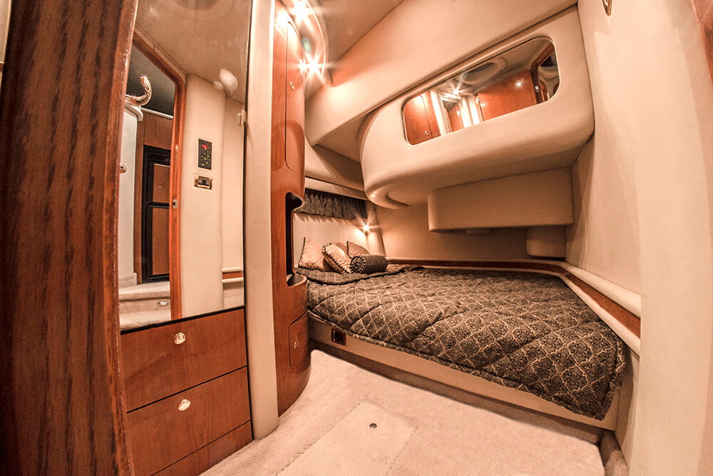 Bow sunpad on the SeaRay 51 with view of the Riviera Maya coastline