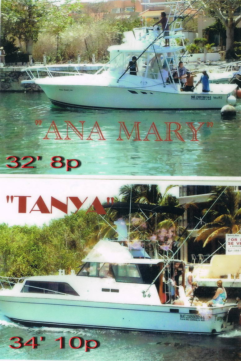 Ana Mary 32 ft and Tanya 34 ft fishing boats charter at Puerto Aventuras marina Riviera Maya deep-sea fishing
