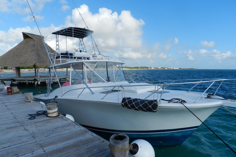 A white express sportfishing boat with a blue hull moored bow-in at a wooden dock beside a thatched palapa, tuna tower overhead, with a beach and turquoise Caribbean water under a blue sky.