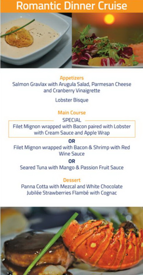 Romantic Dinner Cruise menu flyer listing salmon gravlax, lobster bisque, filet mignon and lobster mains with dessert photos